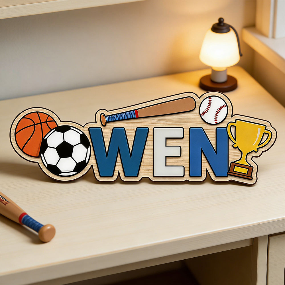 Baby Nursery Themes Boy - Sportball-Trophäe mit Individuellem Namen Holzschild für