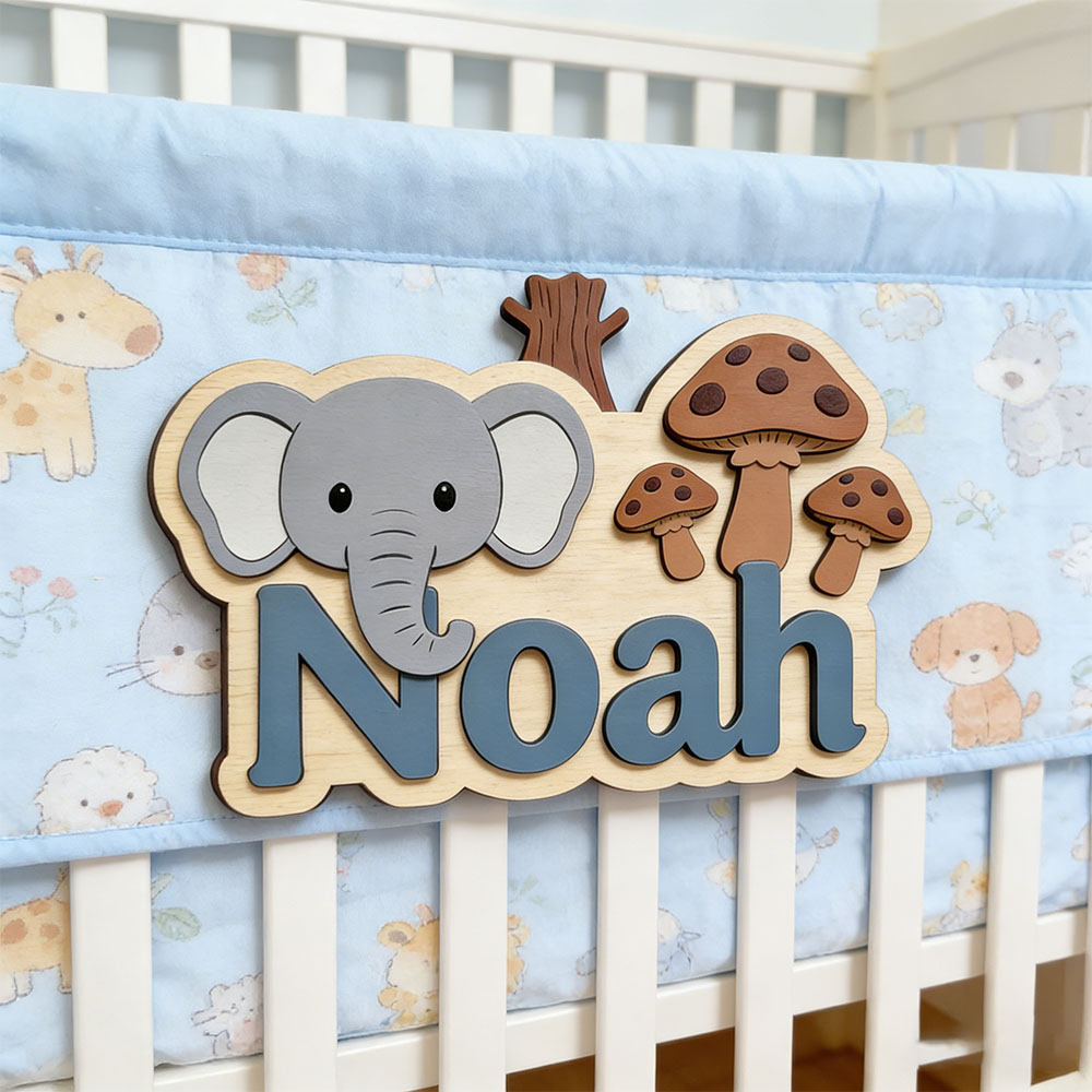 Baby Nursery Themes Boy - Anpassbare Cartoon-Elefanten- & Pilz-Namensplakette Personalisiertes Holztürschild