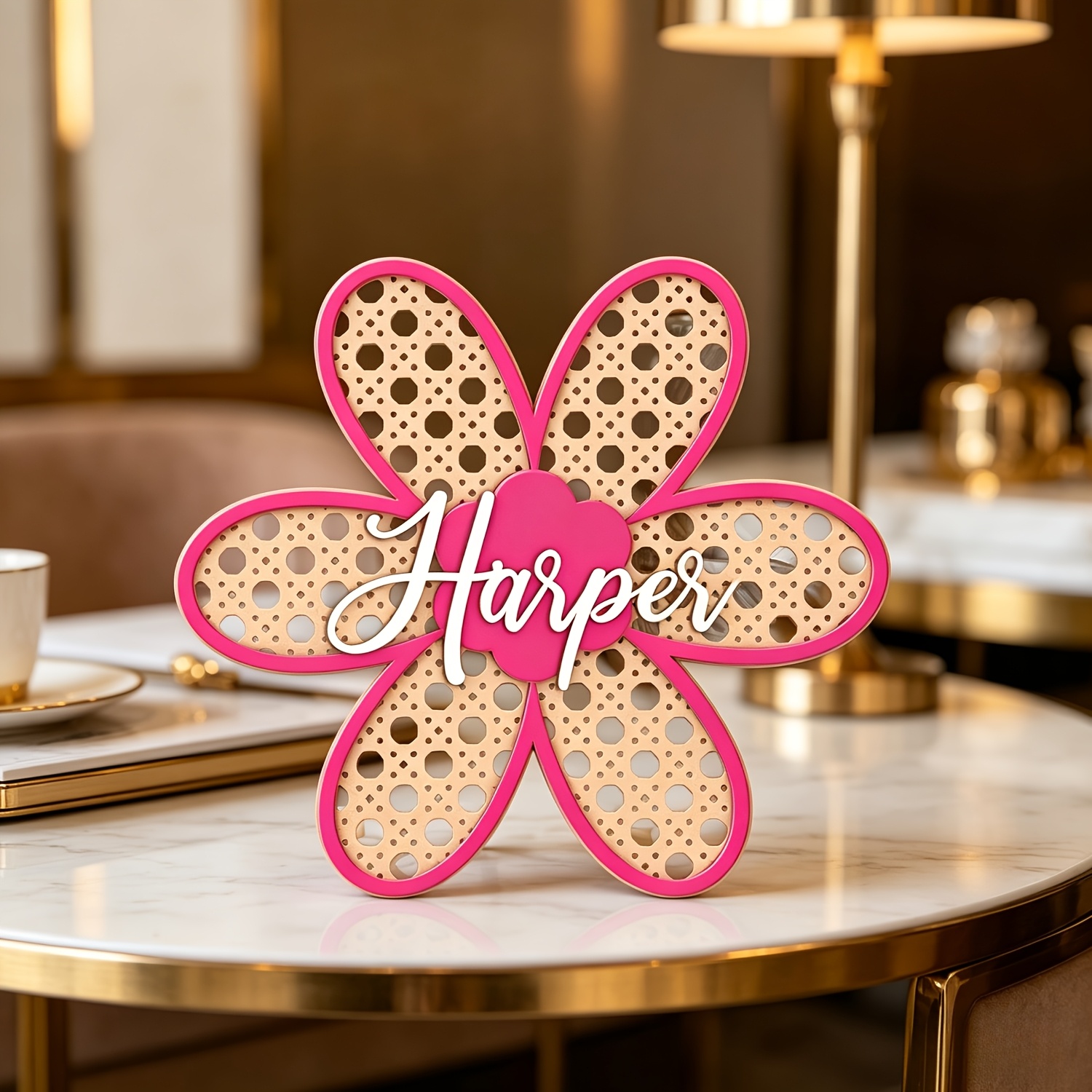 Baby Nursery Usa - Personalisiertes Boho-Rattan-Blumen-Namensschild, Anpassbare Rosa Türplakette, Kinderzimmer-Dekoration,