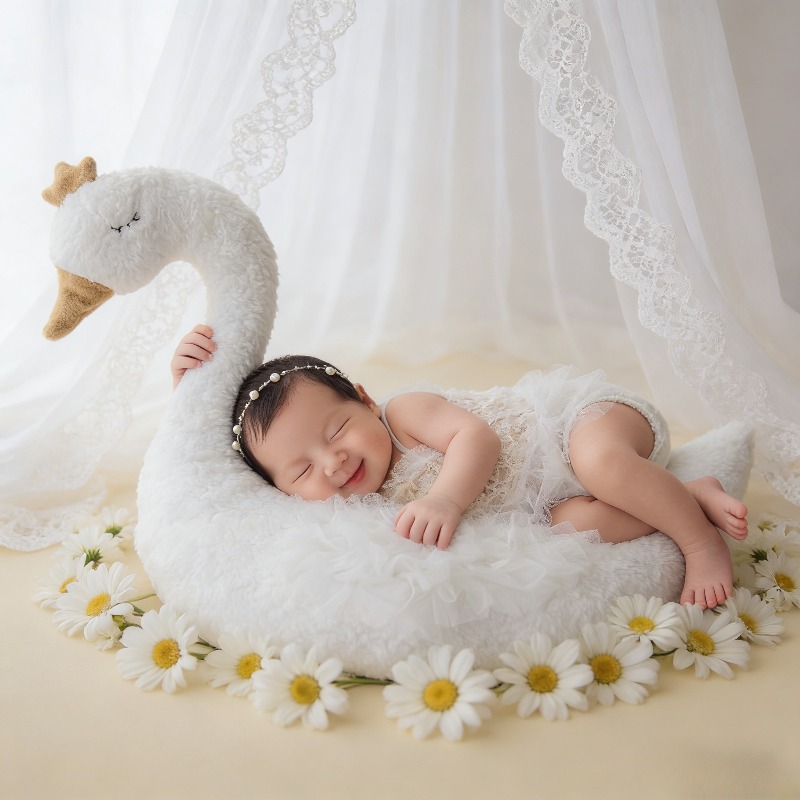 Baby Nursery Set - Neugeborenen-Fotografie-Requisite Schwan-Spitzen-Outfit-Set für Baby-Fotoshooting 100-Tage-Studio-Sitzung