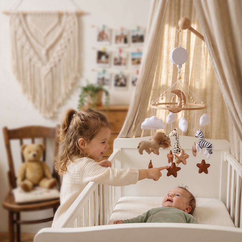 Baby Nursery Music - Holz-Bettglocke Baby-Mobile mit Spieluhr, weichem Filz-Cartoon-Bär
