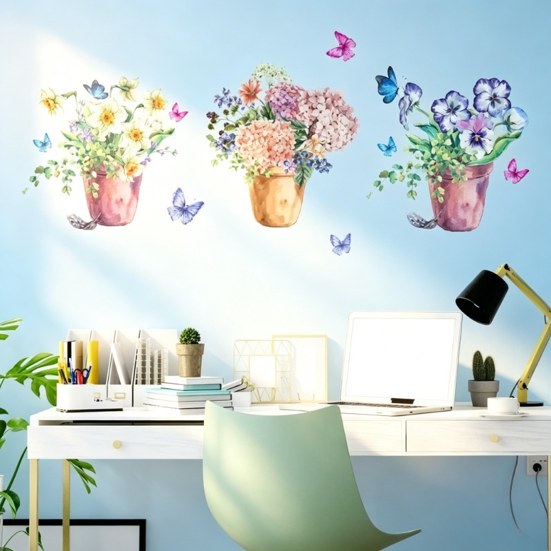 Wall Decal Nursery - Pastellfarbene Hortensien- und Stiefmütterchen-Wandaufkleber, Abziehbare Botanische