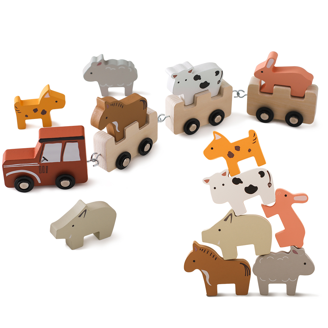 Baby Nursery Music - Buntes Holz-Schiebezugspielzeug mit 6 Bauernhoftier-Figuren, vielseitiges