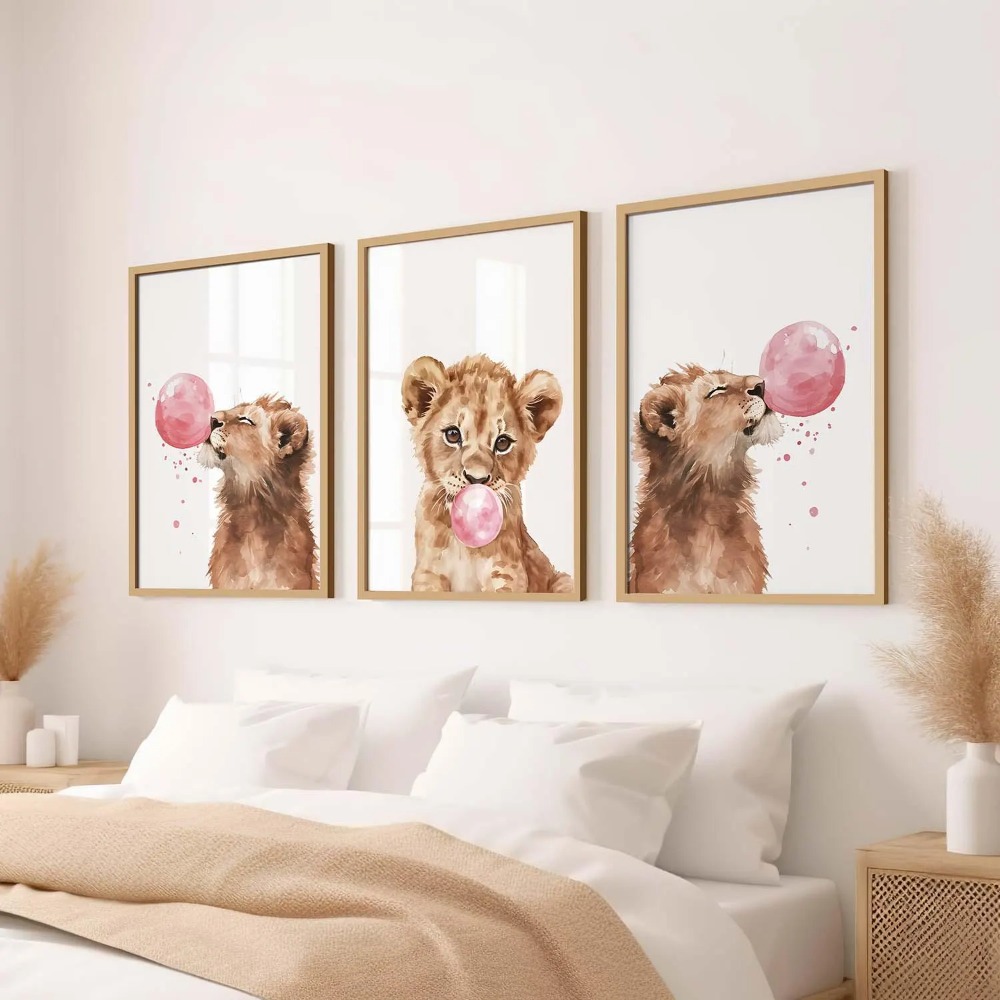 Baby Nursery Jungle Theme - Löwenbaby Kinderzimmer Wandkunst-Set Babytier-Drucke Bubble Gum