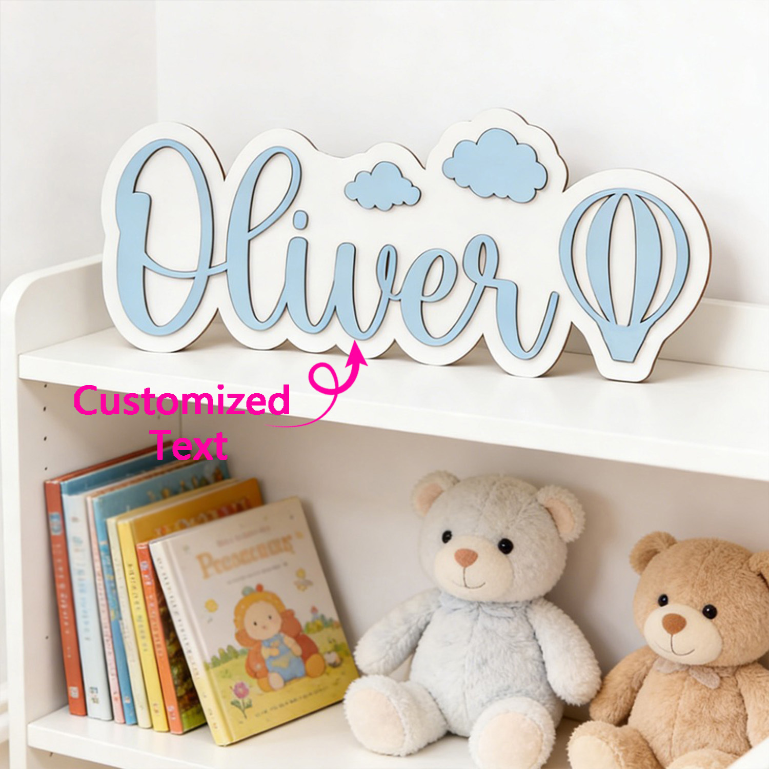 Baby Nursery Usa - Personalisiertes Heißluftballon- & Wolken-Namensschild, Anpassbare Pastellblaue