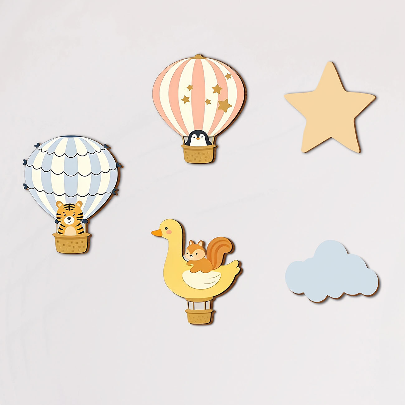 Wall Decal Nursery - 5 Stück Tierische Heißluftballon Holz-Wandaufkleber Kinderzimmer-Dekoration