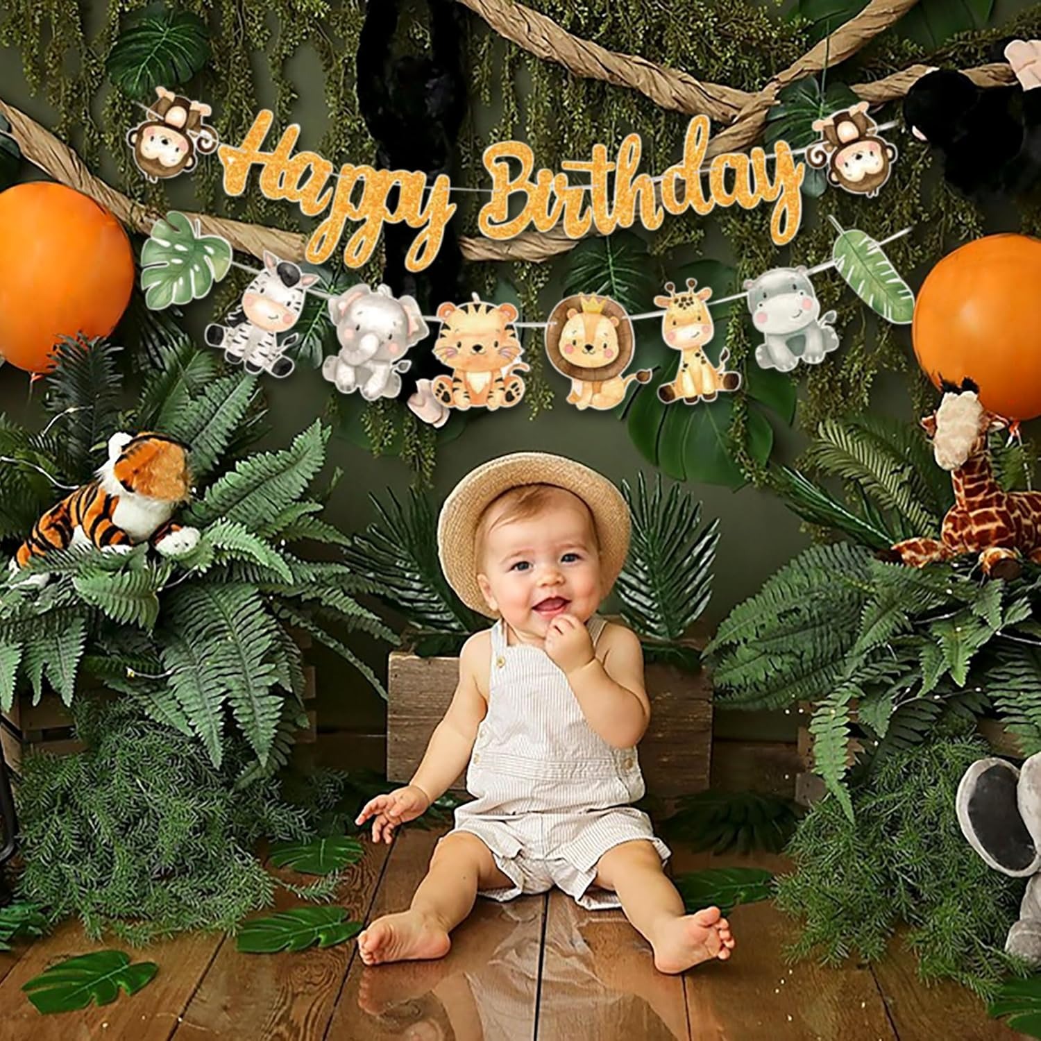 Baby Nursery Jungle Theme - Dschungel-Safari Happy Birthday Banner mit Goldbuchstaben